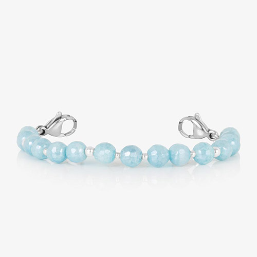 Beaded bracelet strand shown without tag, with pale blue faceted beads and silver accents on a clean white backdrop.