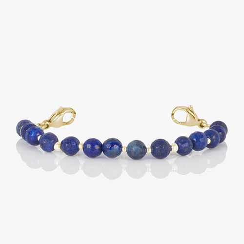 Denim blue faceted lapis beaded medical alert bracelet strand with gold-filled accent beads and gold lobster clasps.