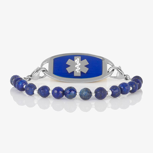Denim blue lapis medical ID bracelet with faceted round beads and silver stainless steel tag featuring white medical symbol.