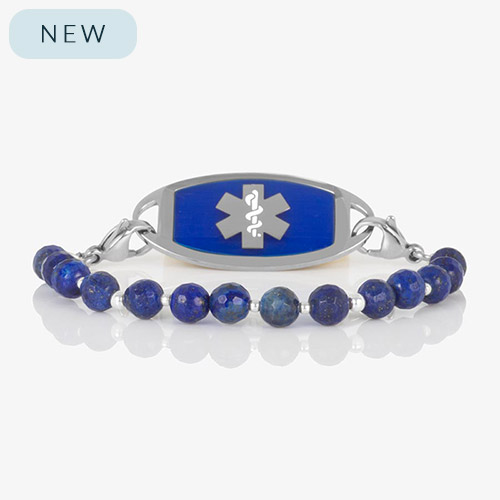 Denim blue lapis medical ID bracelet with faceted round beads and silver stainless steel tag featuring white medical symbol.
