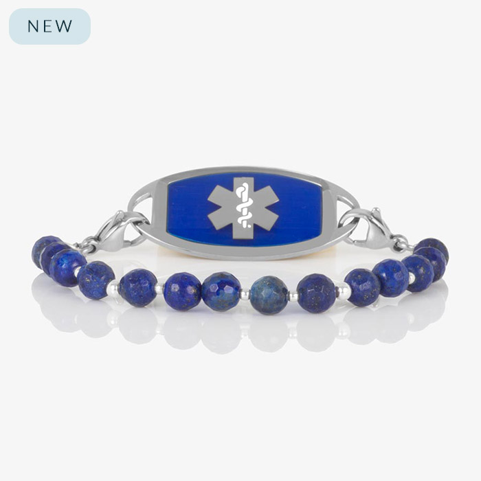 Denim blue lapis medical ID bracelet with faceted round beads and silver stainless steel tag featuring white medical symbol.