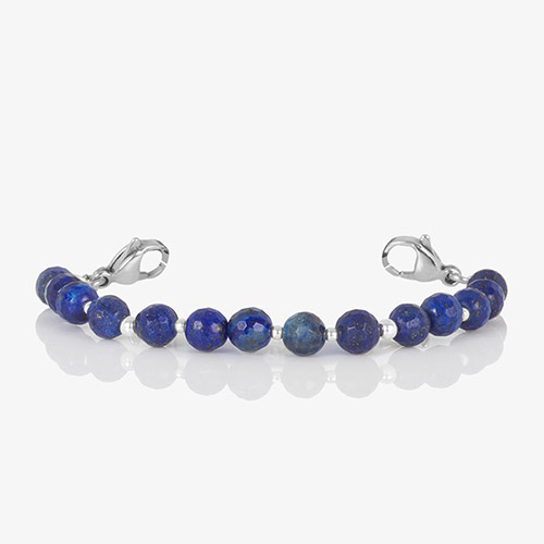 Faceted denim blue lapis medical alert bracelet strand with silver accent beads and silver lobster clasps.