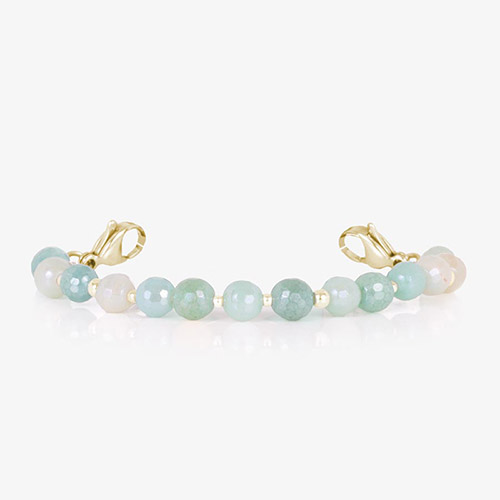 Leah Mist bracelet strand featuring soft blue, green, and cream-toned beads with gold spacers, shown without ID tag on white background.
