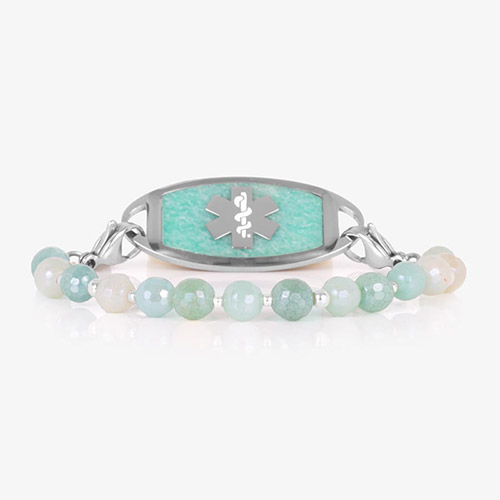 Front view of Leah Mist medical ID bracelet in silver, featuring aqua and cream gemstone beads and a silver ID tag with amazonite inlay and medical caduceus symbol
