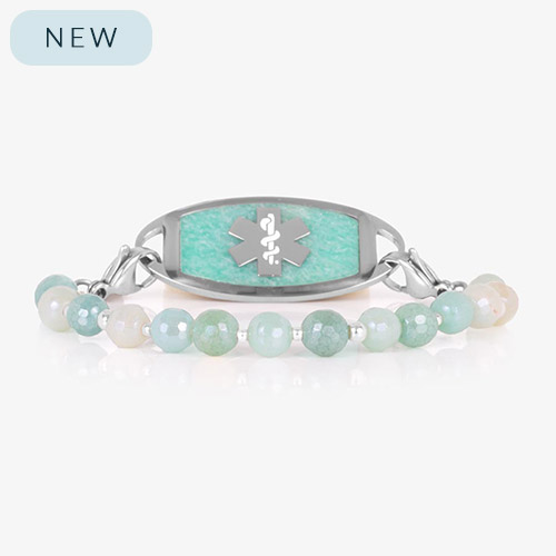 Front view of Leah Mist medical ID bracelet in silver, featuring aqua and cream gemstone beads and a silver ID tag with amazonite inlay and medical caduceus symbol