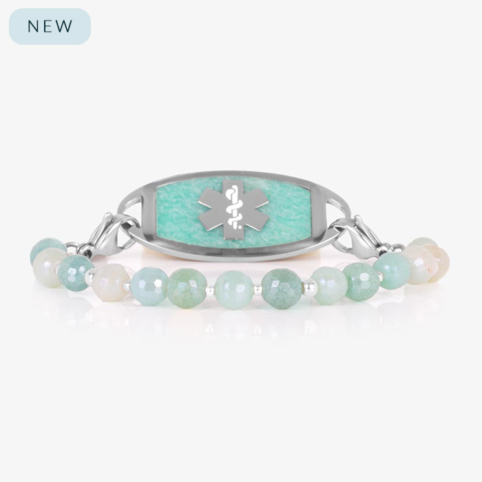 Front view of Leah Mist medical ID bracelet in silver, featuring aqua and cream gemstone beads and a silver ID tag with amazonite inlay and medical caduceus symbol