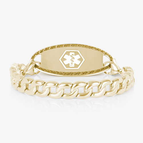 Gold medical ID bracelet for women with bold curb chain and matching gold tag engraved with a white medical symbol, shown on a clean white background.