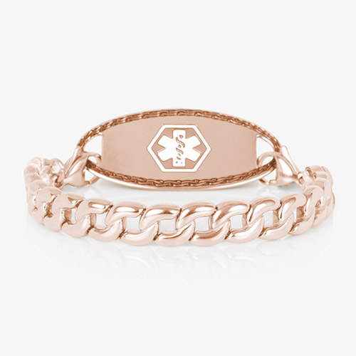 Women's rose gold medical alert bracelet featuring a bold curb chain and blank medical ID tag with a subtle hexagon overlay showcasing the caduceus symbol.