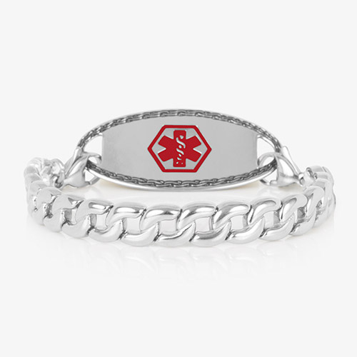 Silver women's medical ID bracelet featuring red medical symbol on sleek tag, perfect for safety and everyday wear.