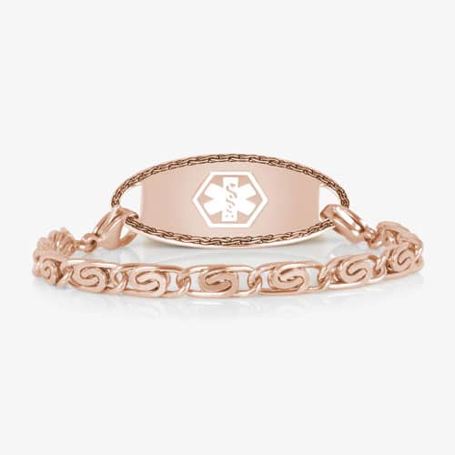 Rose gold medical ID bracelet with decorative swirl links and engraved medical emblem, combining elegant jewelry with safety.