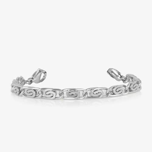 Silver bracelet extender with decorative swirl links and lobster clasps, designed to adjust the fit of a medical ID bracelet.