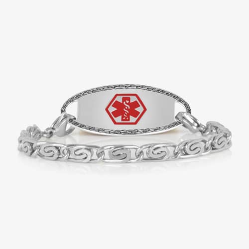 Silver medical ID bracelet with decorative swirl links and red medical emblem, combining elegant jewelry style with emergency safety.
