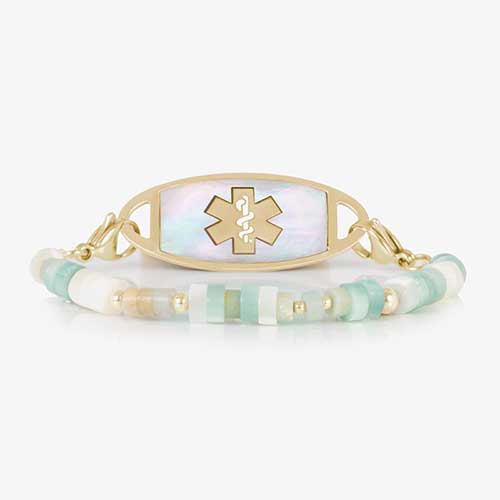 Amazonite, cream and Gold beaded medical ID bracelet attached to a gold and mother of pearl medical ID tag.