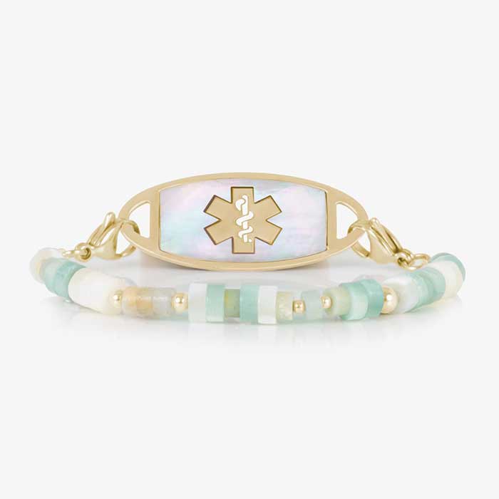 Amazonite, cream and Gold beaded medical ID bracelet attached to a gold and mother of pearl medical ID tag.