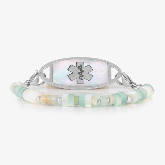 Amazonite, cream and silver beaded medical ID bracelet attached to a silver and mother of pearl medical ID tag.