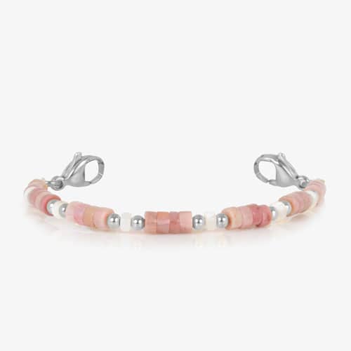Beaded bracelet featuring Silver tone, and Heishi beads in Cream and Rose on a stretch bracelet.