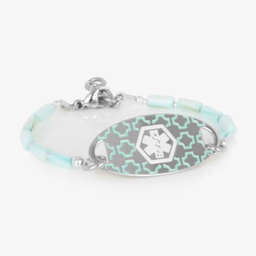 Silver medical ID bracelet with Aqua barrel beads and SmartStretch stranding for comfortable everyday wear.