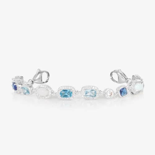 Rhodium and palladium plated medical ID bracelet with sapphire, topaz, aquamarine, quartz, and opal accents.