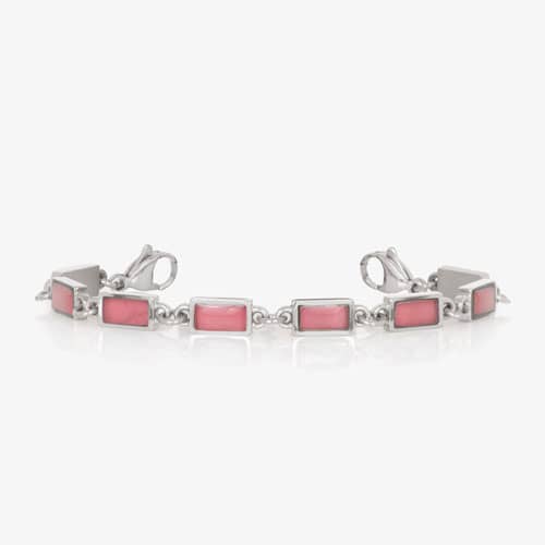 Silver-tone bracelet with rectangular pink accents, linked design, and lobster clasps.
