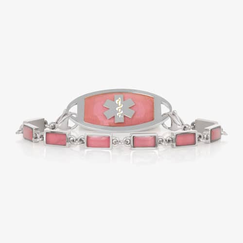 Silver-tone medical ID bracelet with rectangular pink accents and a matching pink tag featuring the medical symbol.