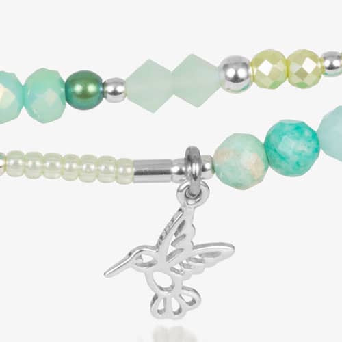 Silver and mint humming bird beaded two stranded medical ID bracelet. 