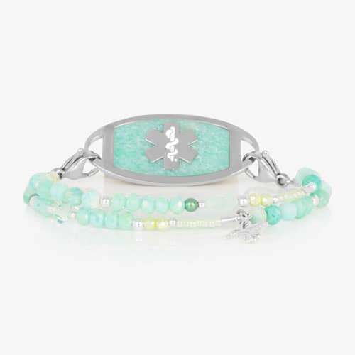 Beaded mint green and silver medical ID bracelet for women with a silver hummingbird charm, and a silver tone ID tag with a mint green amazonite stone inlay with a silver tone medical symbol. 