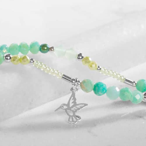 Silver and mint humming bird beaded two stranded medical ID bracelet. 