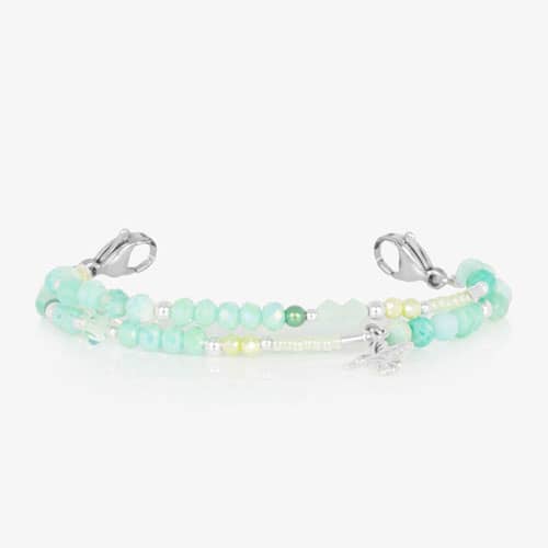 Beaded mint green and silver medical ID bracelet for women with a silver hummingbird charm
