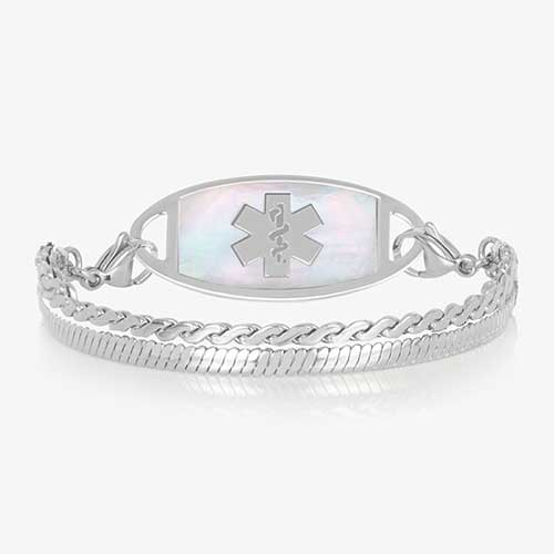 Silver medical ID bracelet with iridescent mother of pearl inlay tag and classic chain links on white background.