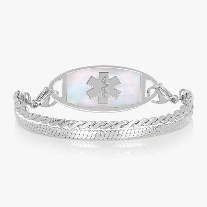 Silver medical ID bracelet with iridescent mother of pearl inlay tag and classic chain links on white background.