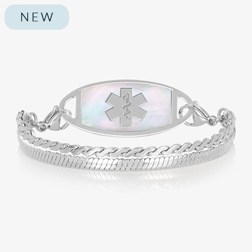 Silver medical ID bracelet with iridescent mother of pearl inlay tag and classic chain links on white background.