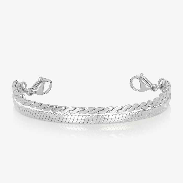 Silver medical ID bracelet with iridescent mother of pearl inlay tag and classic chain links on white background.