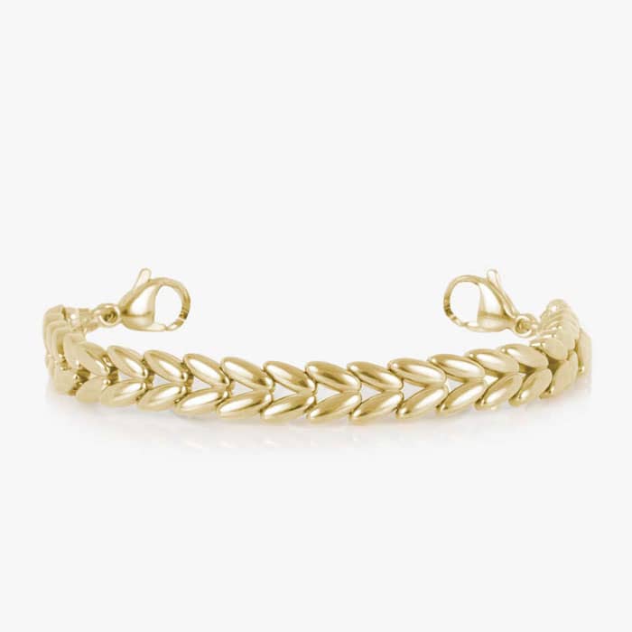Gold-tone chevron link medical ID bracelet featuring a polished gold-tone ID tag with a Gold Star of Life symbol, and a Mother of Pearl ID tag..