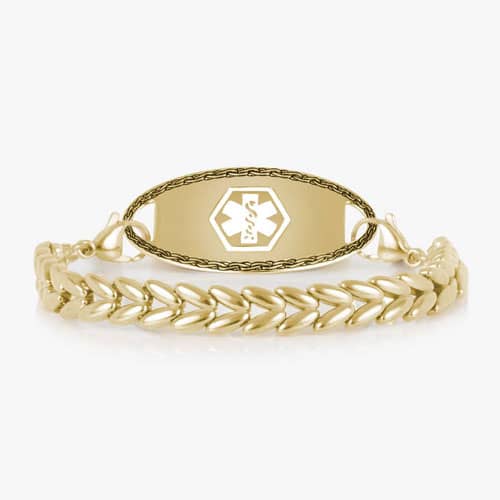 Gold-tone chevron link medical ID bracelet featuring a polished gold-tone ID tag with a white Star of Life symbol.