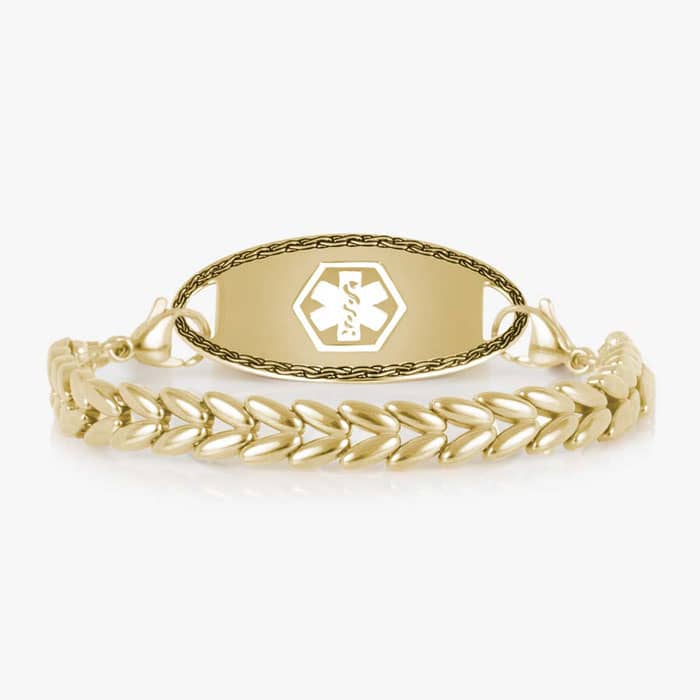 Gold-tone chevron link medical ID bracelet featuring a polished gold-tone ID tag with a white Star of Life symbol.