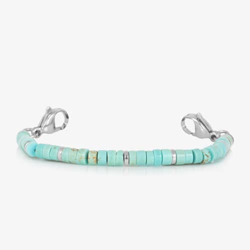 Bracelet strand featuring turquoise heishi beads with silver spacer accents and lobster clasps, shown without the ID tag.