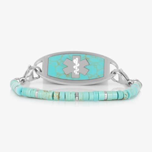 Silver-tone medical ID bracelet with turquoise stone inlay ID tag, turquoise heishi beads, and silver spacer accents.