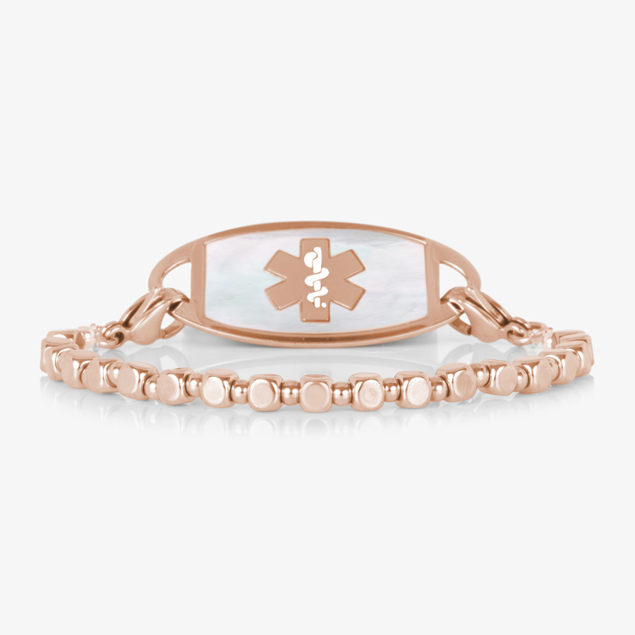 ぴょん様 シルバーパヴェクリップ 17cm rose gold bracelet Facet Pebble Beaded Stretch Medical ID Bracelet – Rose Gold