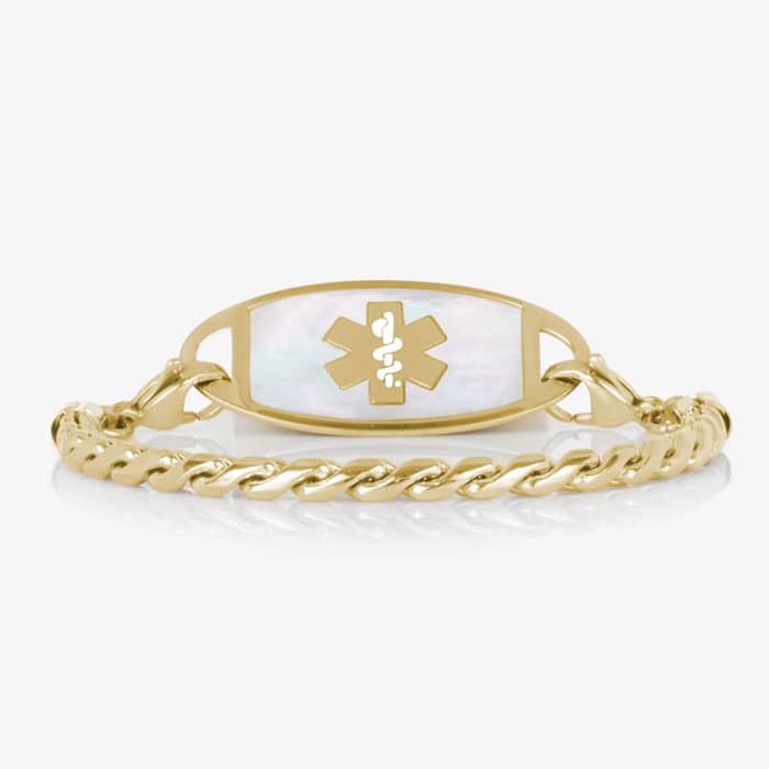 Faron Gold interchangeable bracelet paired with a gold-tone medical ID tag featuring a white mother-of-pearl inlay and medical alert symbol.
