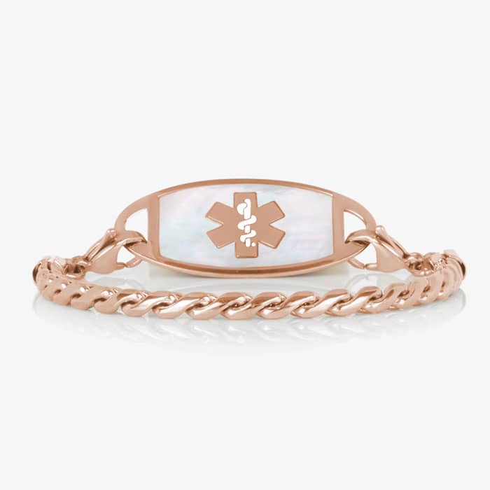 Rose tone twisted chain bracelet with oval medical ID tag featuring a white inlay and medical symbol.