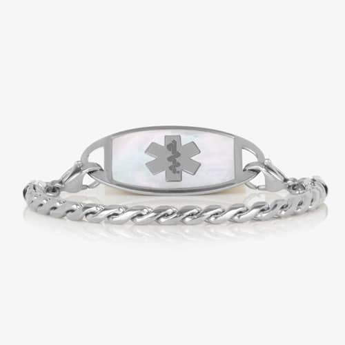 Faron Silver interchangeable bracelet paired with a silver-tone medical ID tag featuring a white mother-of-pearl inlay and medical alert symbol.
