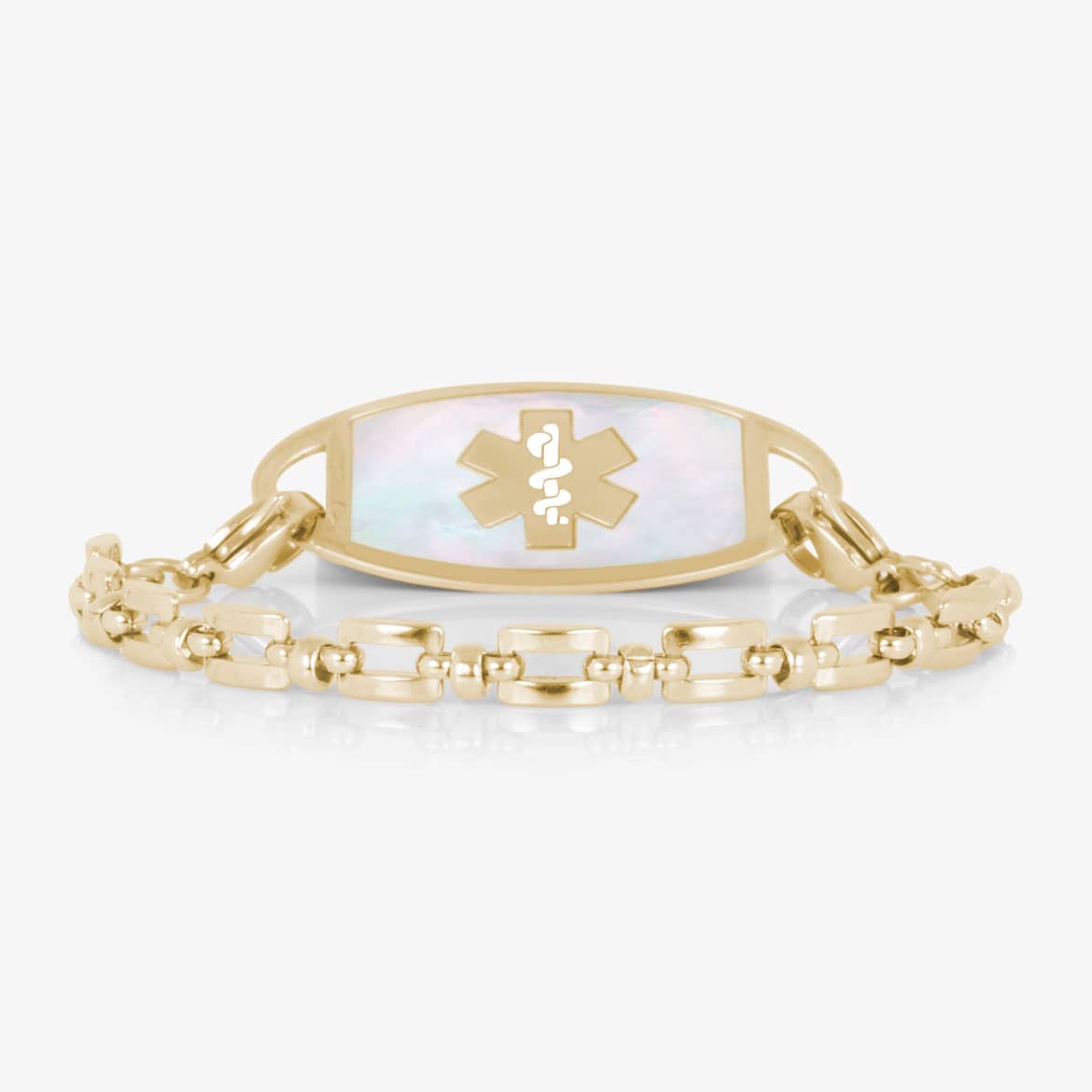 Gold Hadley medical ID bracelet with a mother-of-pearl tag featuring the Star of Life.