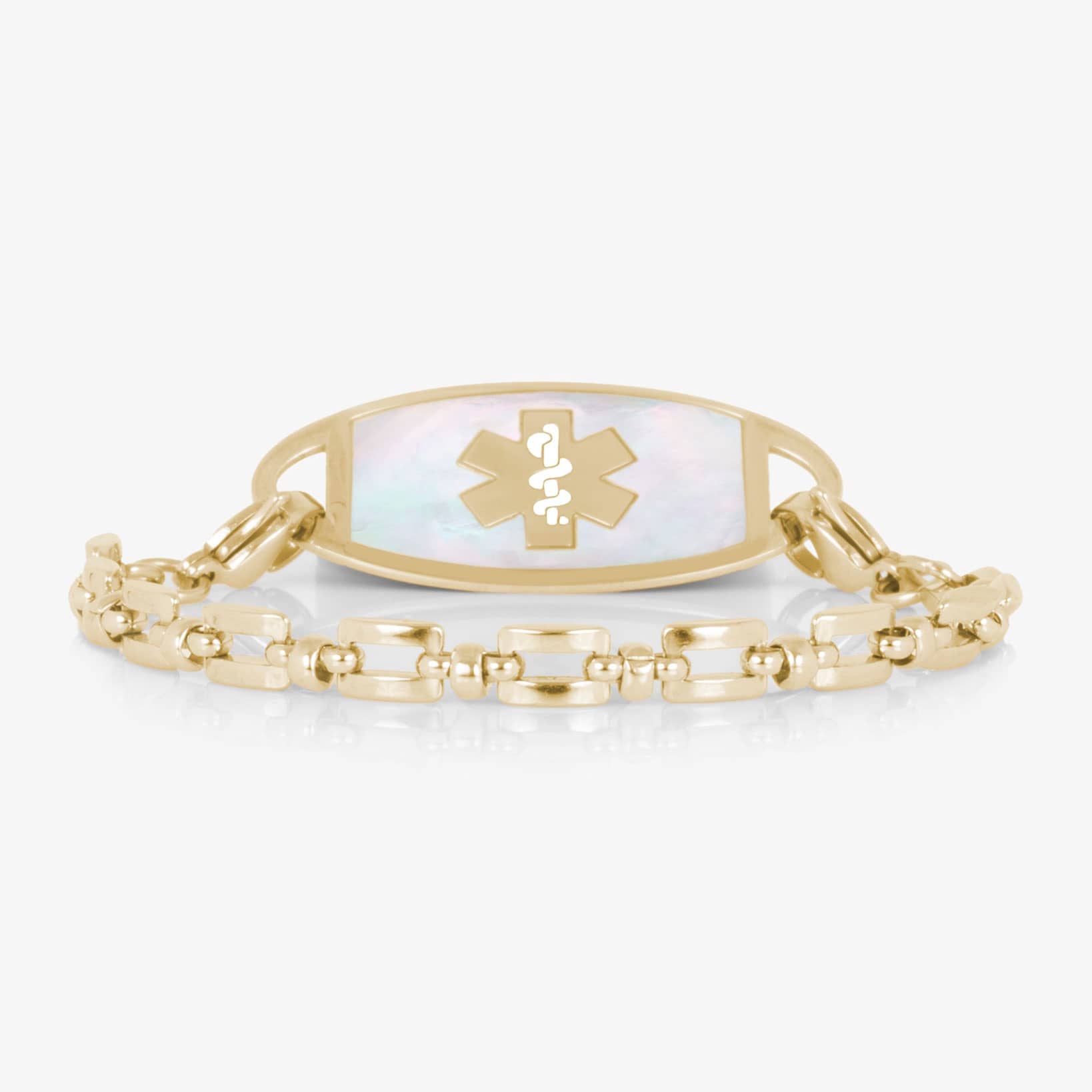 Gold Hadley medical ID bracelet with a mother-of-pearl tag featuring the Star of Life.