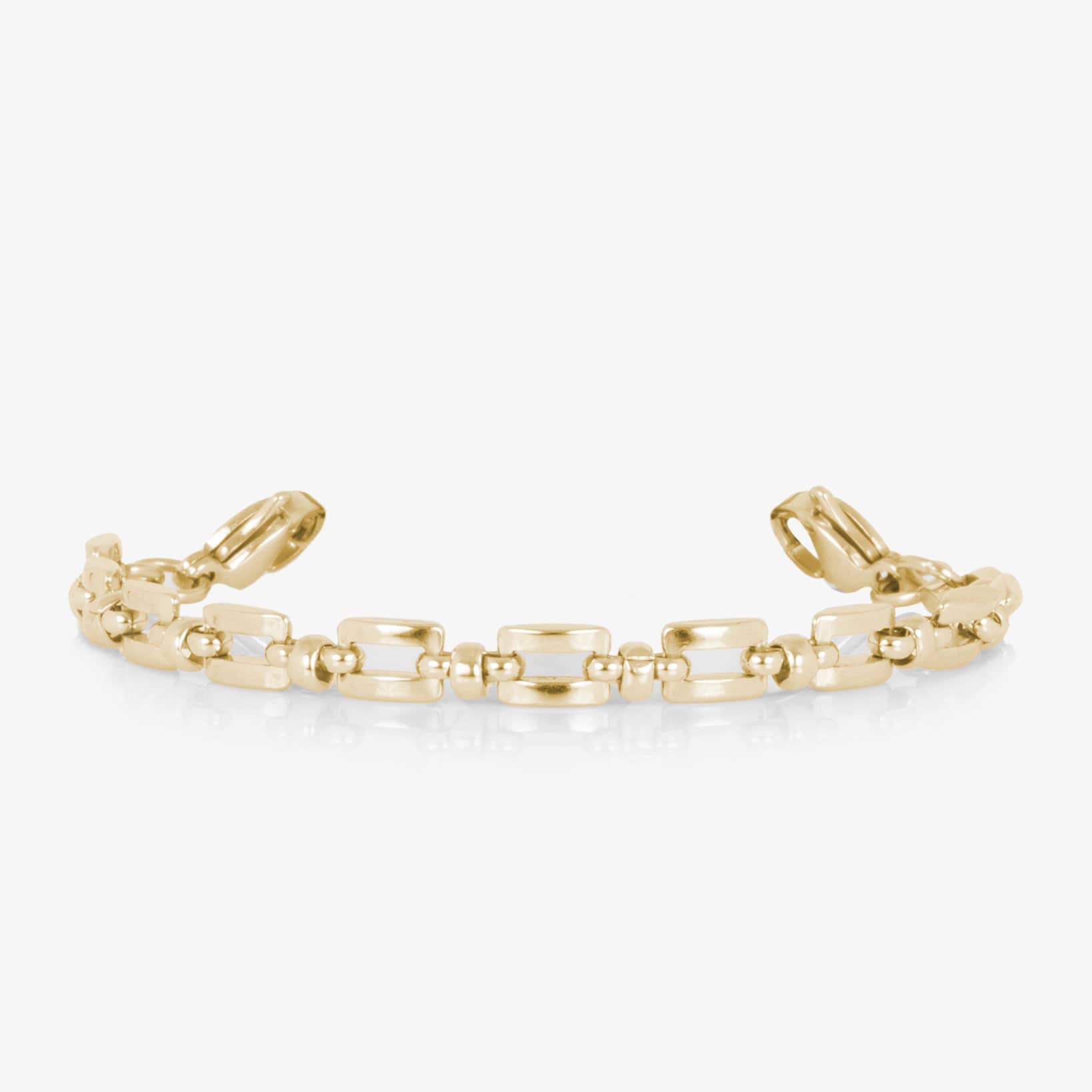 Gold Hadley medical ID bracelet with a mother-of-pearl tag featuring the Star of Life.