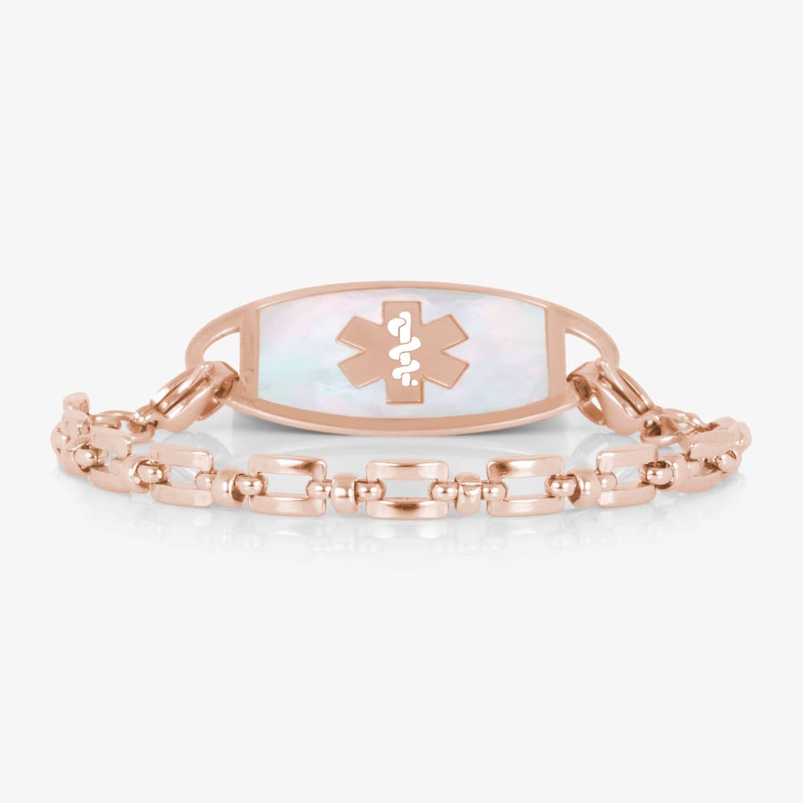 Rose gold Hadley medical ID bracelet with a mother-of-pearl tag featuring the Star of Life.