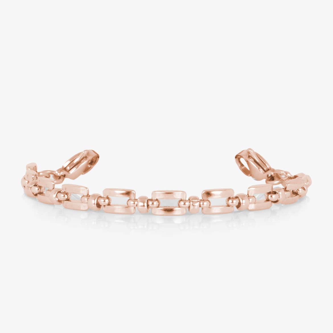 Rose gold Hadley link bracelet with lobster clasps on a white background.