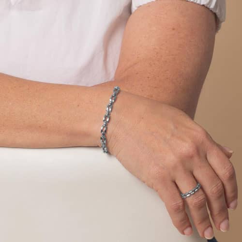 Silver Hadley link bracelet worn on the wrist.