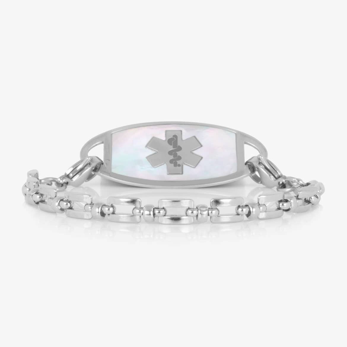 Silver Hadley medical ID bracelet with a mother-of-pearl tag featuring the Star of Life.