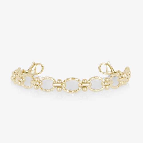 Gold-tone Iris interchangeable bracelet featuring textured oval links, bead accents, and lobster clasps for a refined, customizable look.