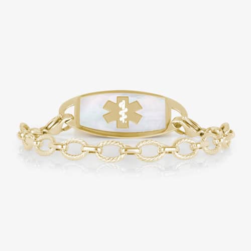 Gold-tone medical ID bracelet with mother-of-pearl inlay and Star of Life emblem, combining elegant style with safety benefits.